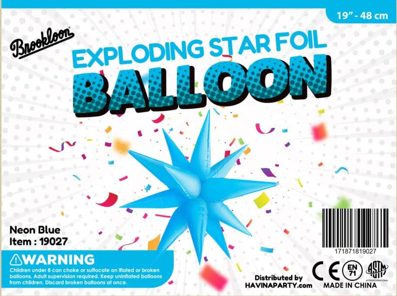 Packaging of Brookloon exploding star foil balloon in neon blue