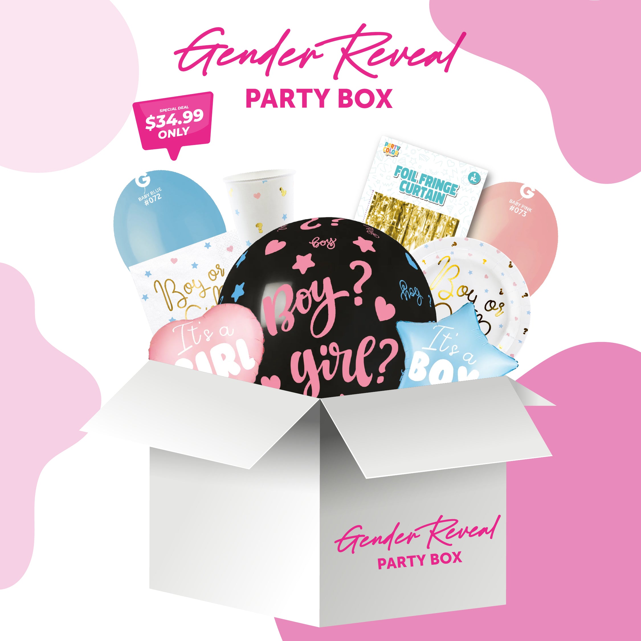 Gender Reveal Party Box with balloons, plates, and confetti