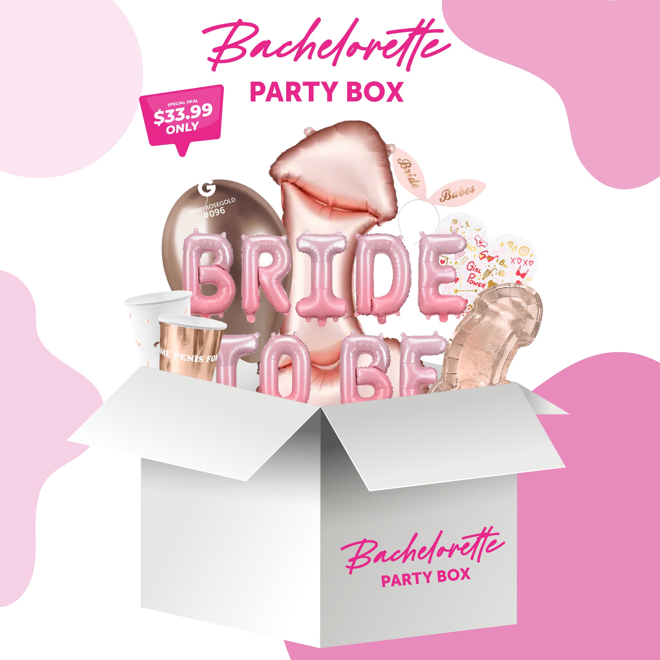 Bachelorette party box with bride to be balloons and decorations