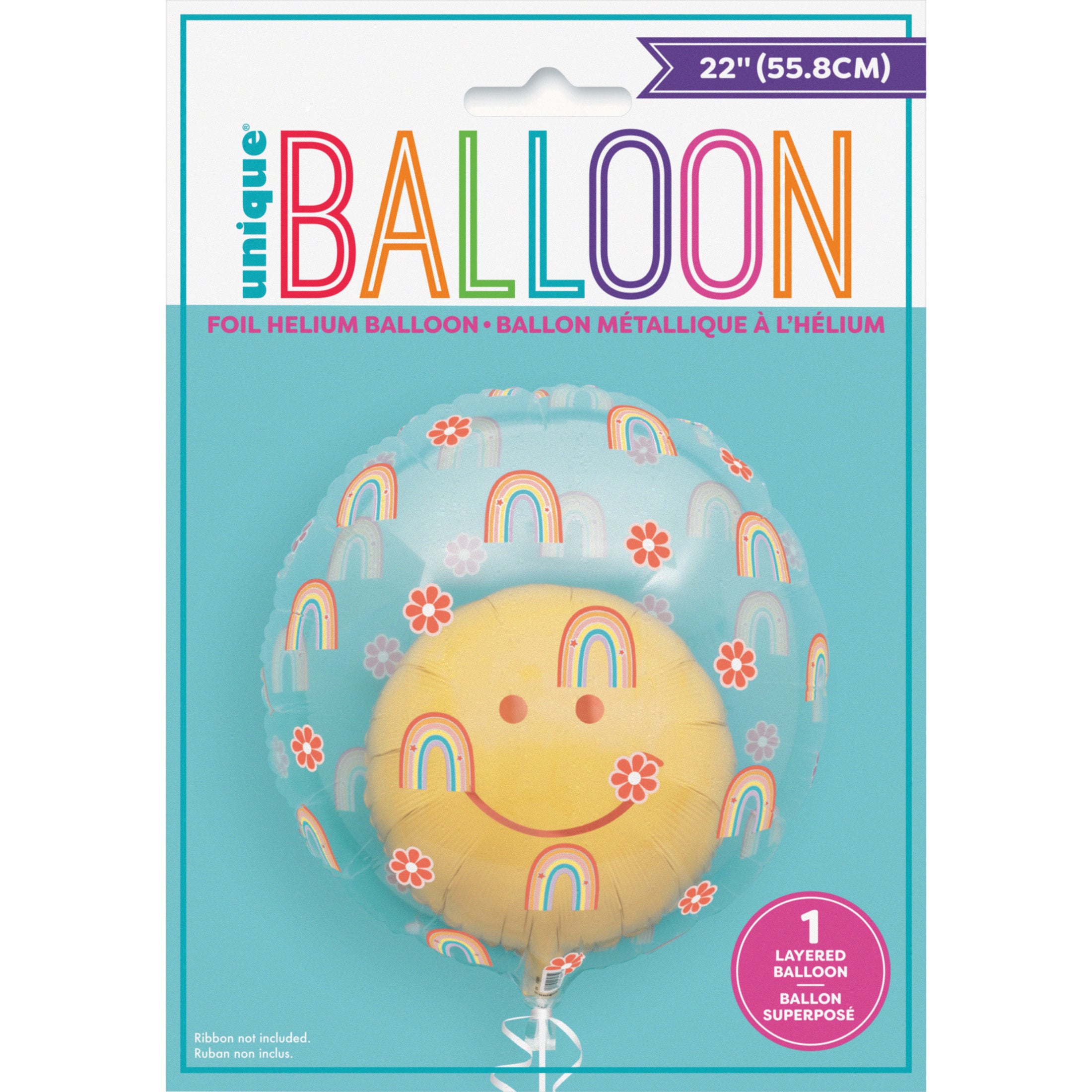 “Packaging of Clear Rainbow and Happy Face 18 inch double-stuffed balloon 18260”
