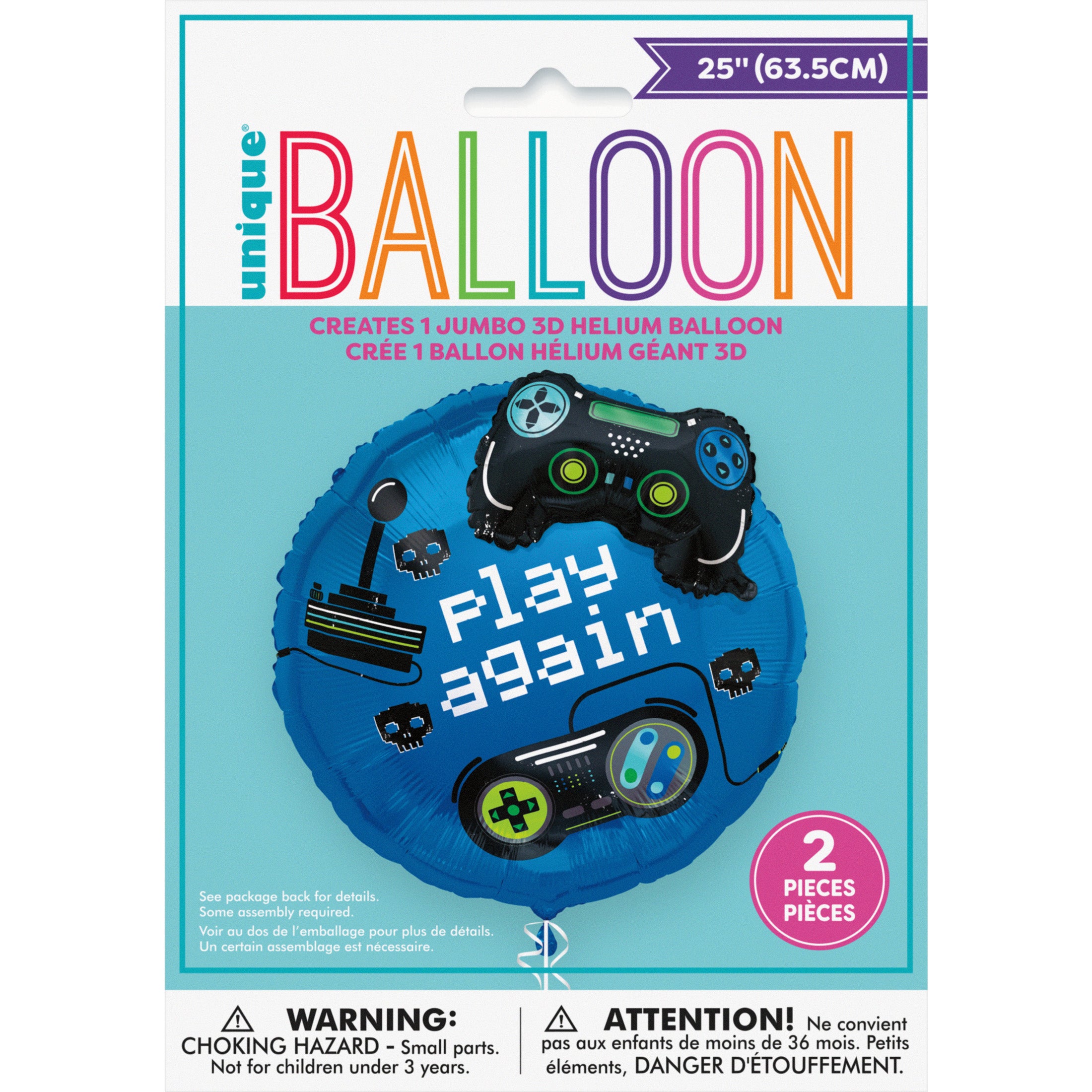 “Packaging of Gamer Birthday Play Again 25 inch foil balloon 18289 – video game theme”