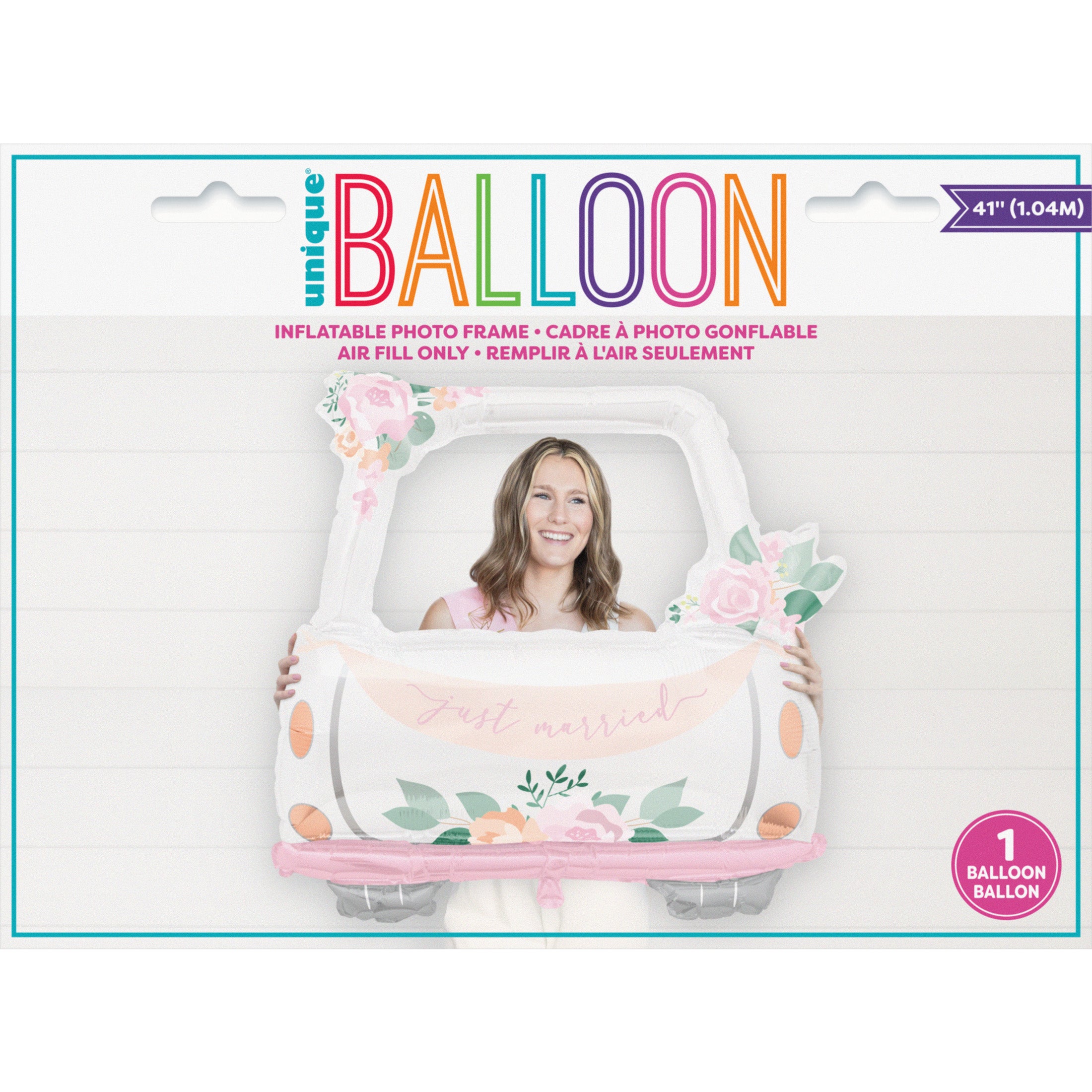 “Packaging of Just Married Pink Blooms Car 37 inch foil balloon 18309 – floral wedding design”