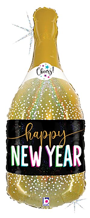 Happy New Year foil balloon shaped like a champagne bottle for New Year’s Eve decoration