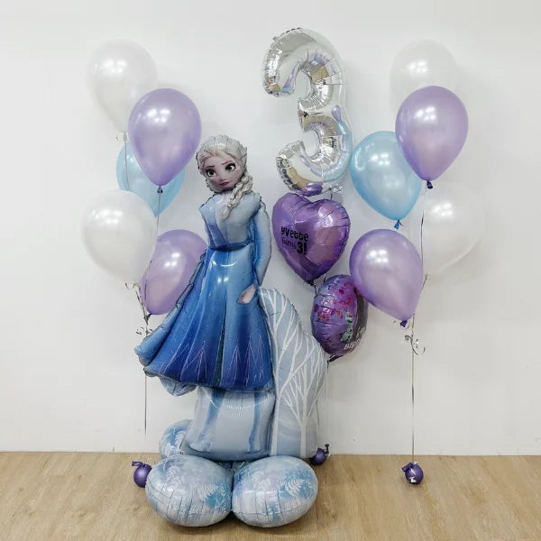 "Frozen 2 Elsa balloon centerpiece with lavender and silver latex balloons"