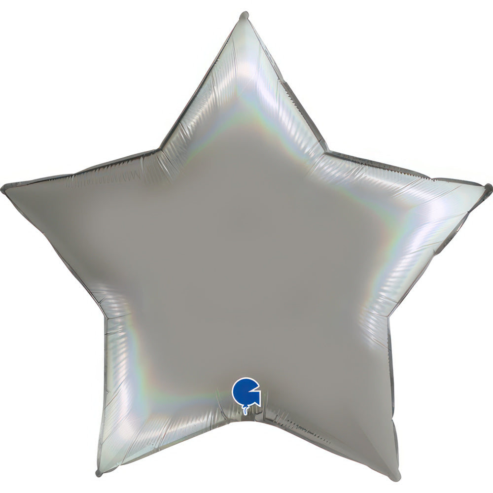 Rainbow holographic platinum star foil balloon front view