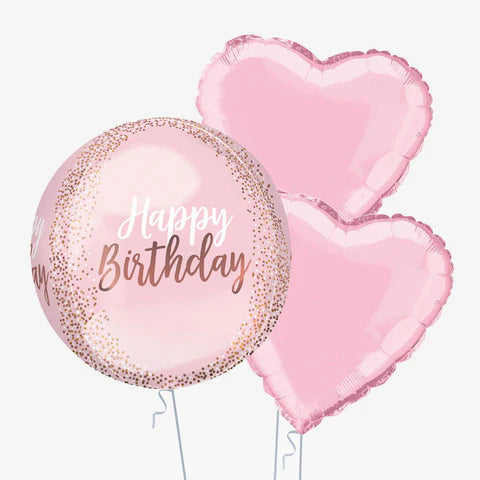 Blush Happy Birthday orbz foil balloon with rose gold glitter accents for birthday decoration