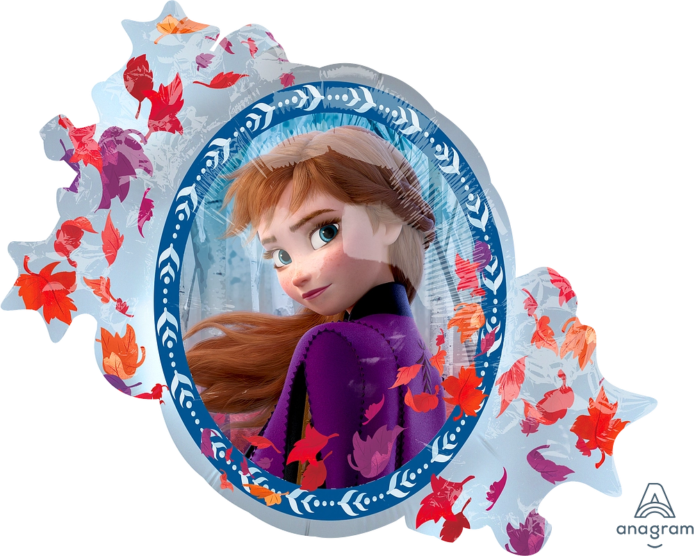 Side view of Frozen II balloon with Anna and red leaves