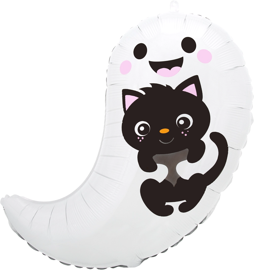 Ghost & Kitty Cuties foil balloon with smiling ghost and black kitten for Halloween decoration