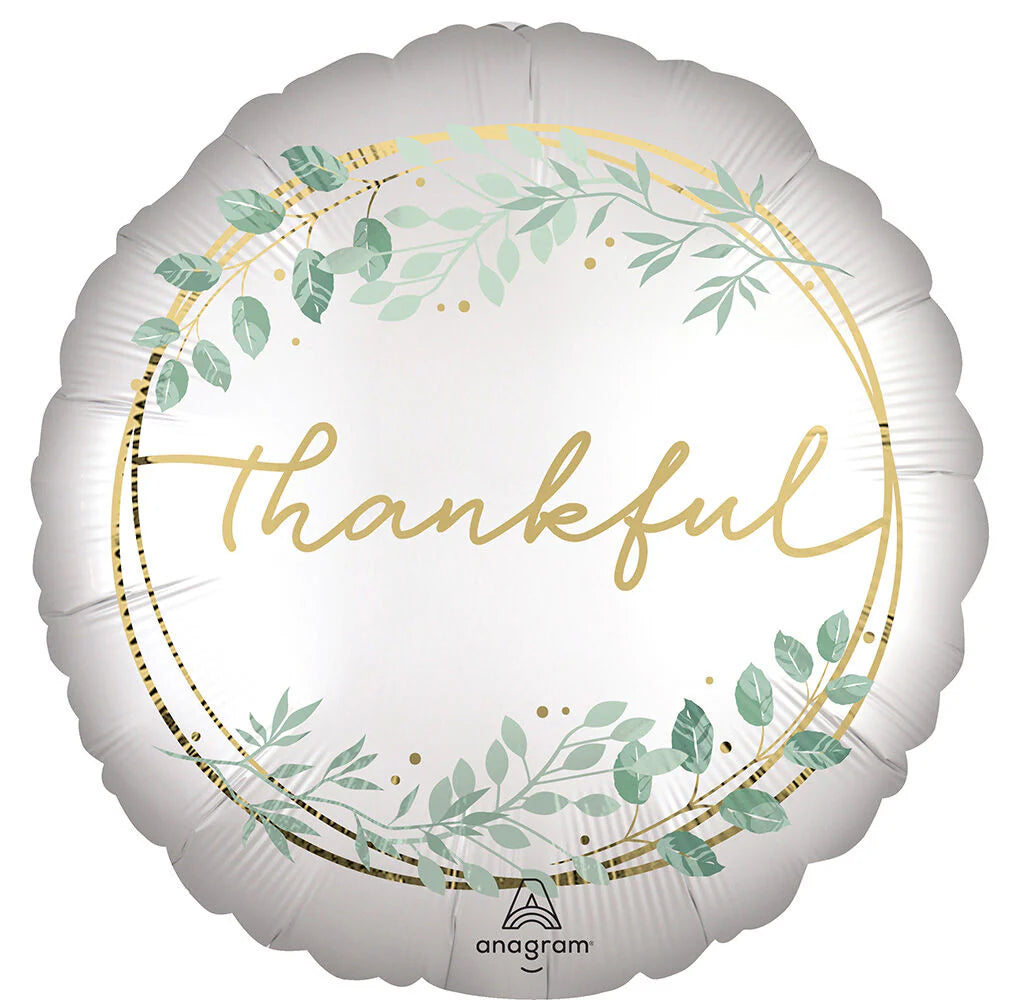 "17 inch Satin Simply Thankful round foil balloon with greenery and gold lettering – Thanksgiving decoration"
