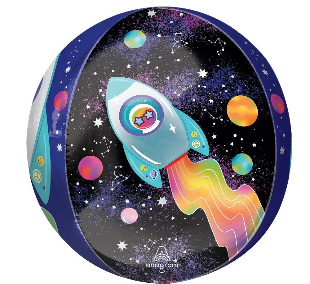 Side view of Outer Space Orbz Anagram balloon with space-themed design