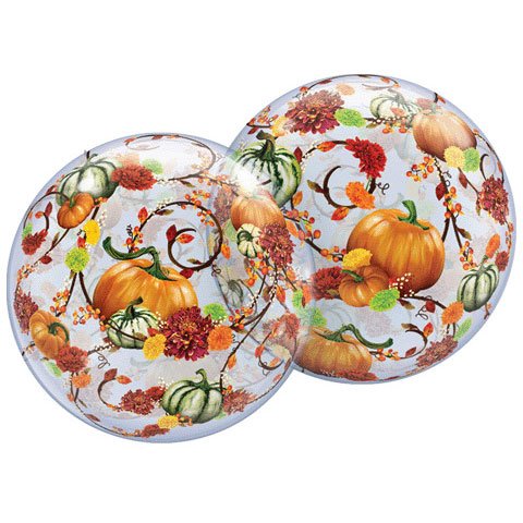 "Transparent fall balloon with orange pumpkins and colorful autumn leaves"