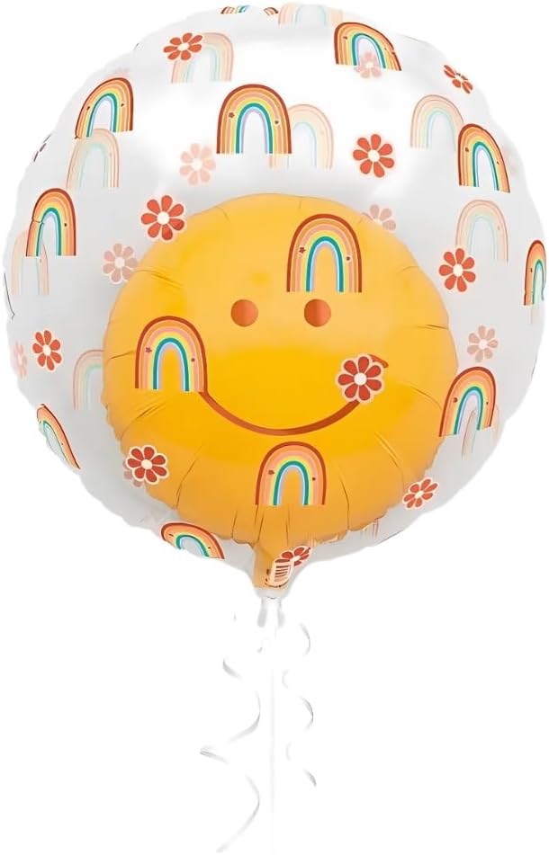 “Clear double-stuffed balloon with rainbows and inner happy face – 18 inch”
