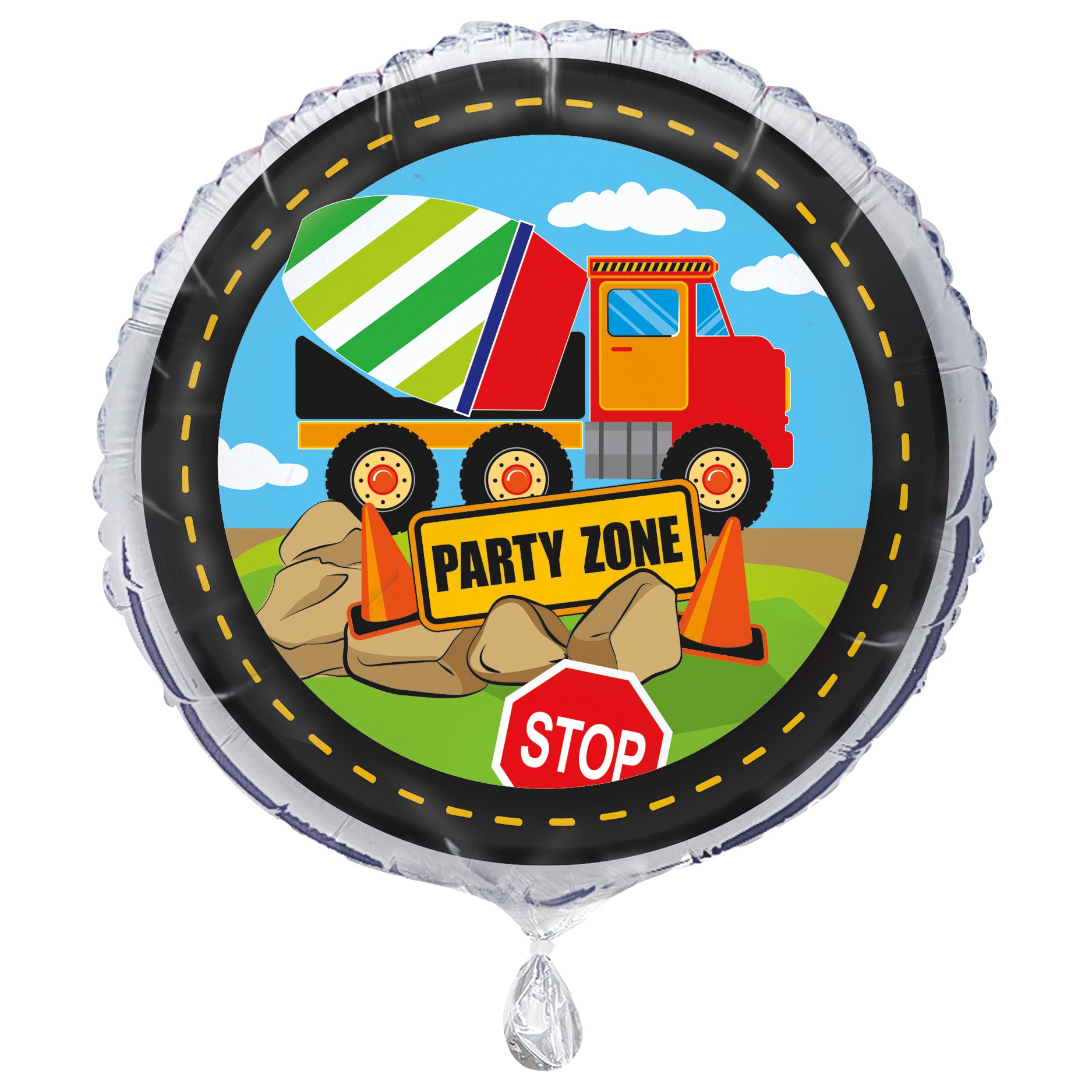 “Construction Party 18 inch round foil balloon with cement truck – Unique Industries”