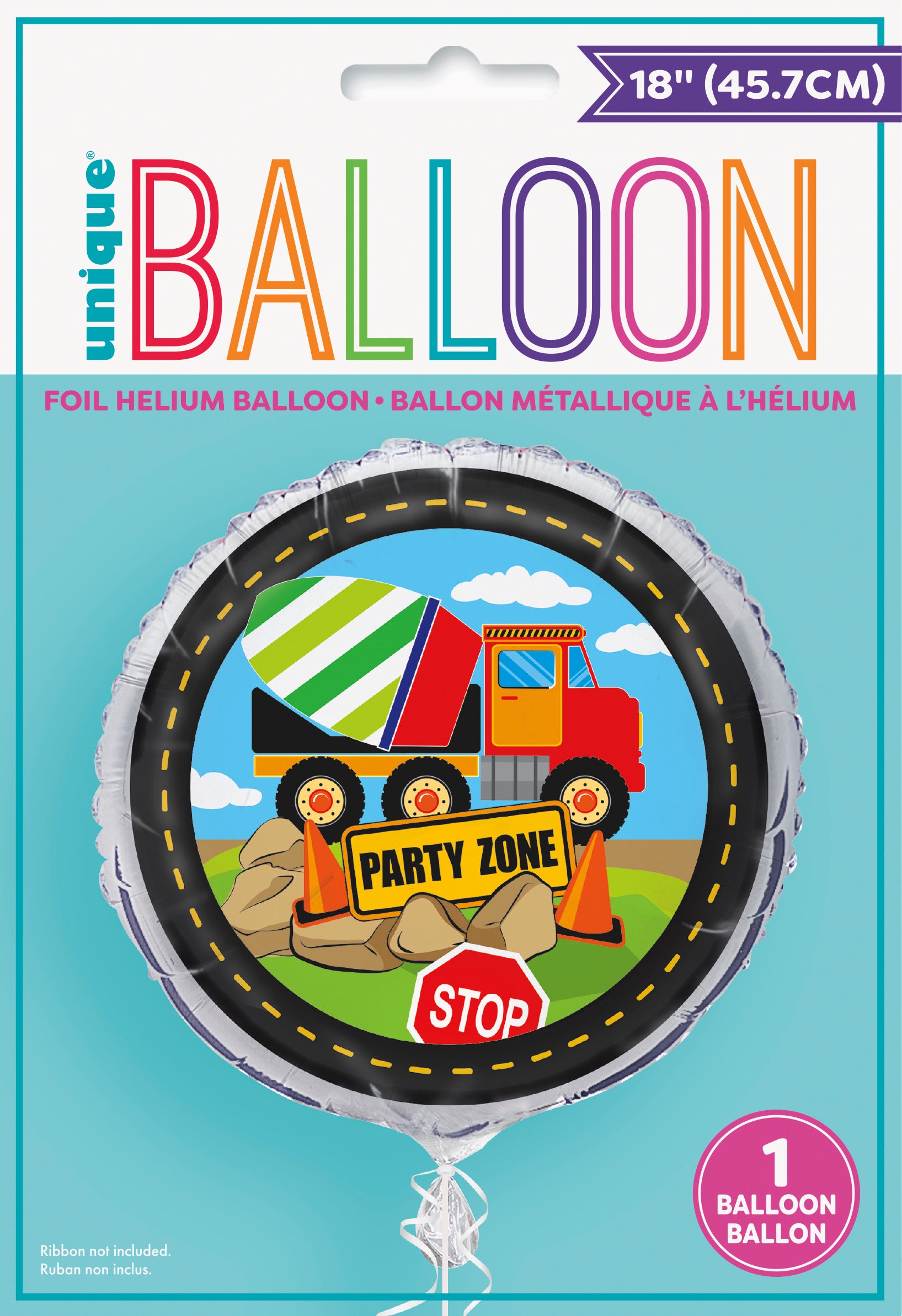 “Construction Party 18 inch round foil balloon with cement truck – Unique Industries”