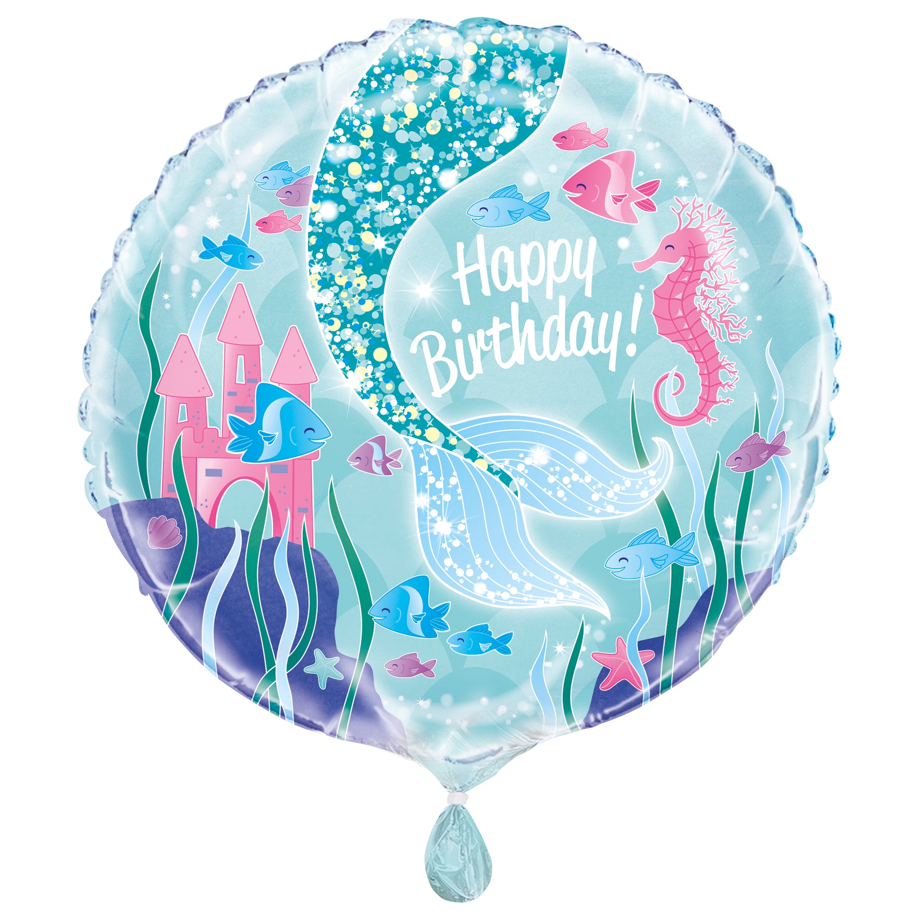 “Happy Birthday Mermaid 18 inch round foil balloon – pastel ocean theme”