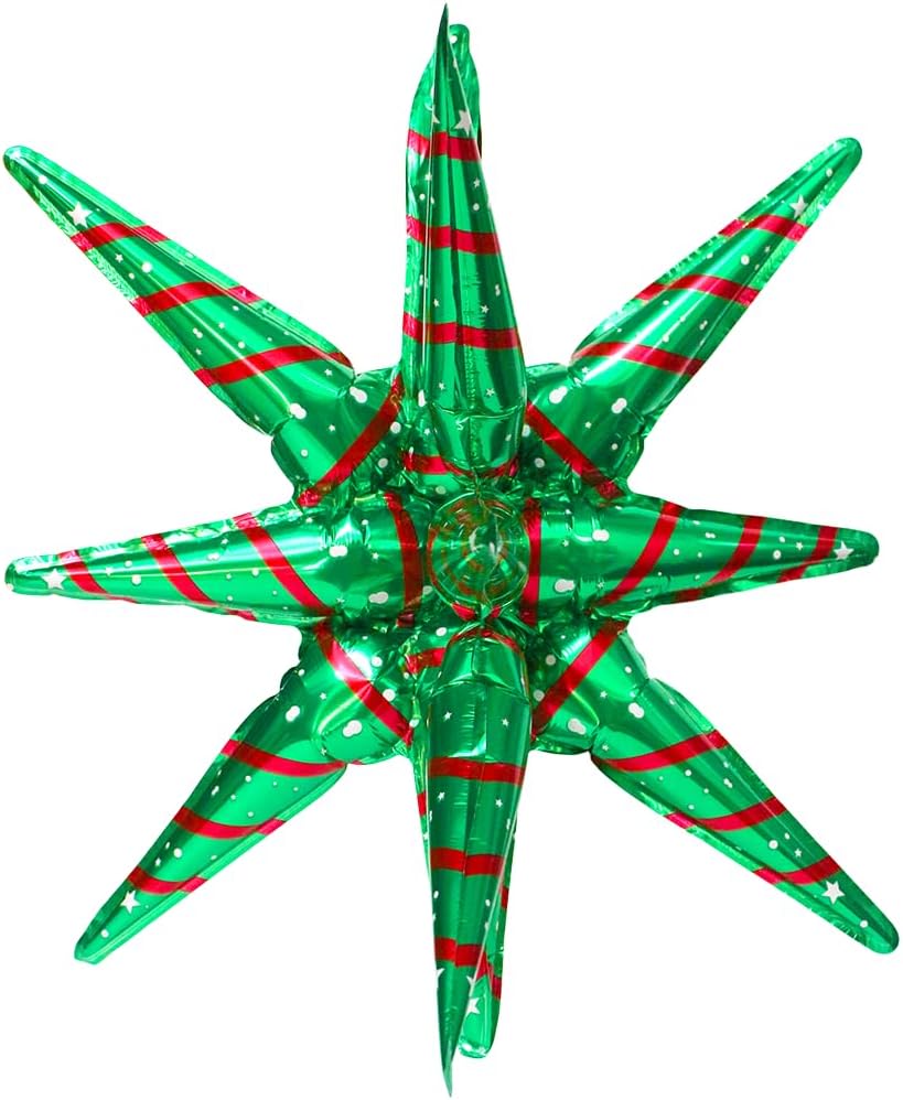 Christmas starburst balloon, 22 inches, red and green star balloon with 14 points, festive holiday party decoration.