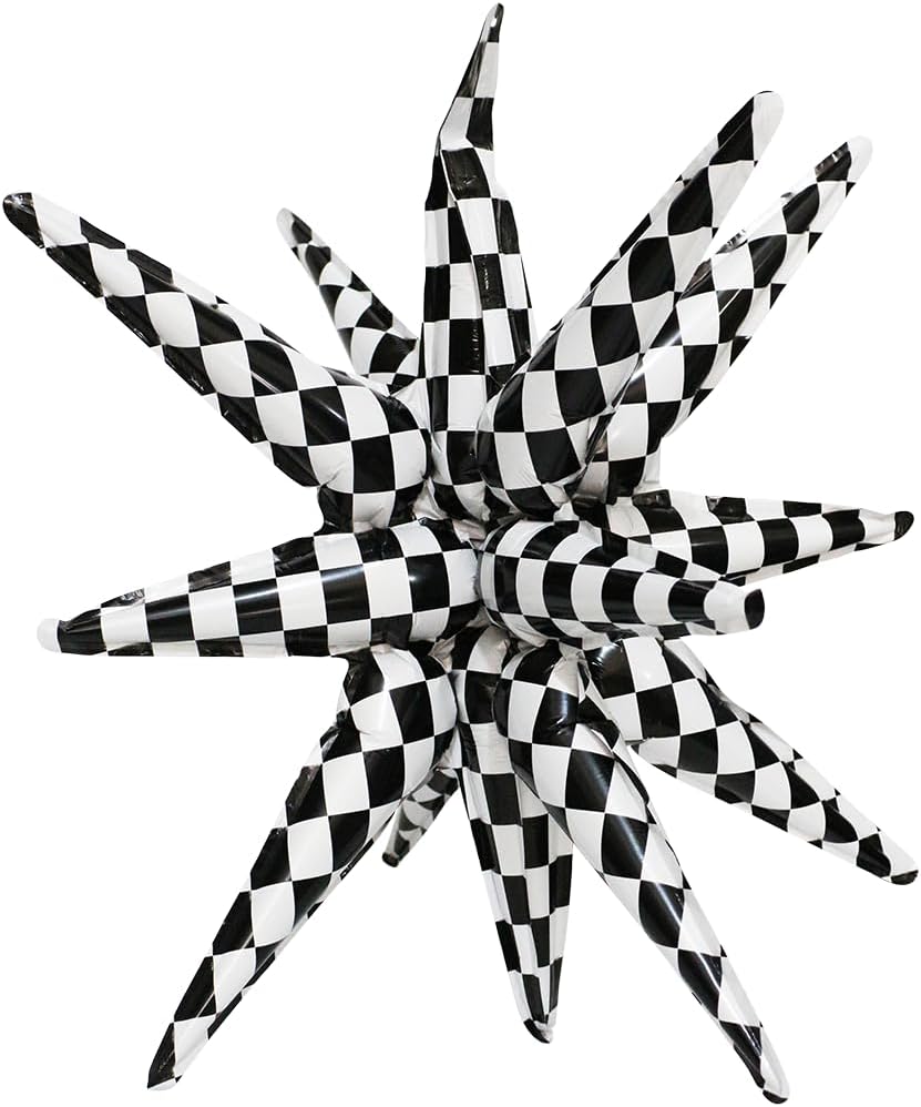 Black and white checkered starburst balloon, 22 inches, 14-point star balloon, trendy modern party decoration.