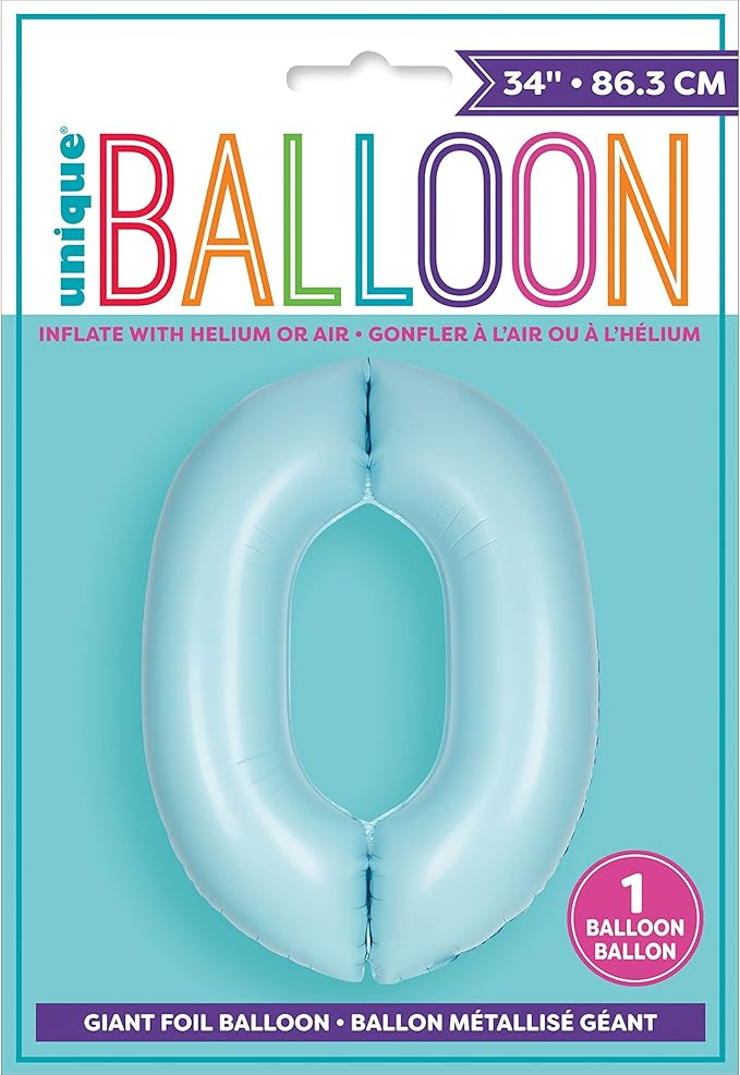 “Light blue number 0 foil balloon 34 inch in package”