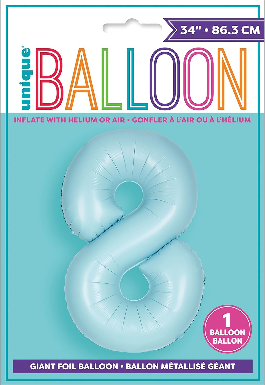 “Light blue number 8 foil balloon 34 inch in package”