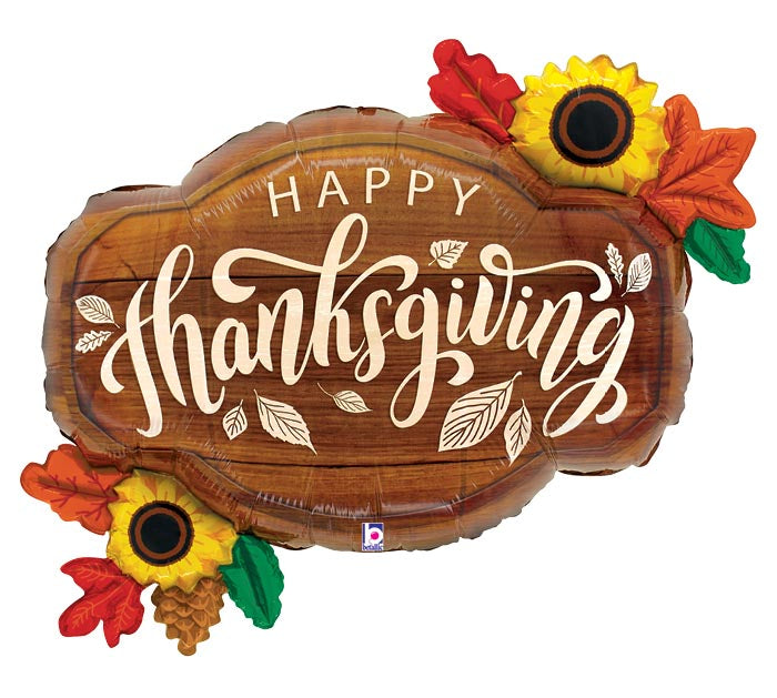 “Thanksgiving sunflower foil balloon 31 in with rustic wood design and autumn flowers”