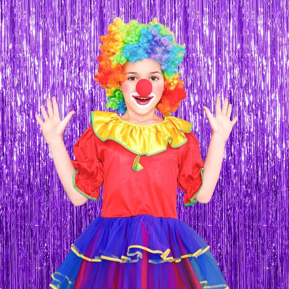 Party setup with glossy purple fringe curtain decoration