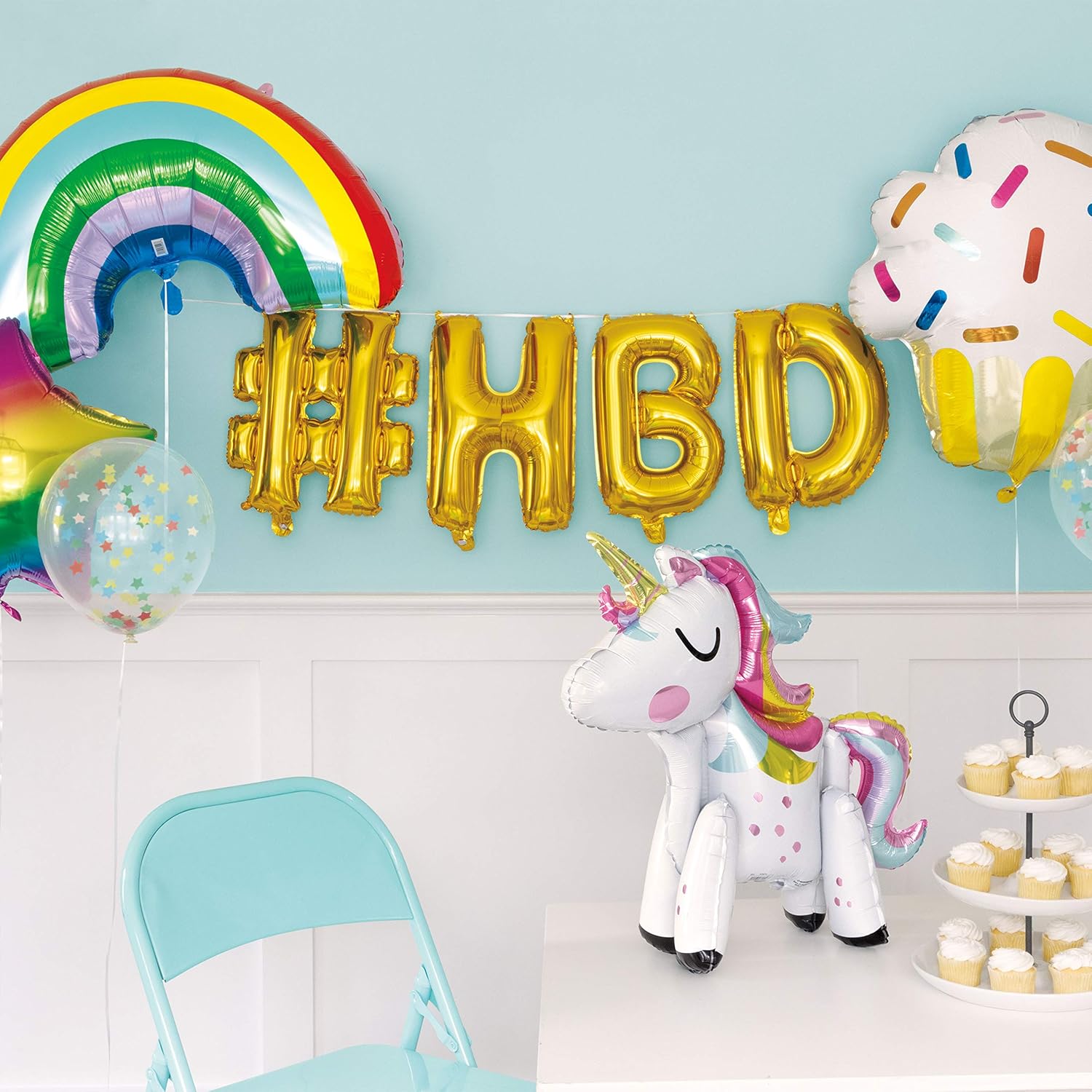 “Standing Unicorn 30 inch centerpiece foil balloon – pastel rainbow unicorn design”