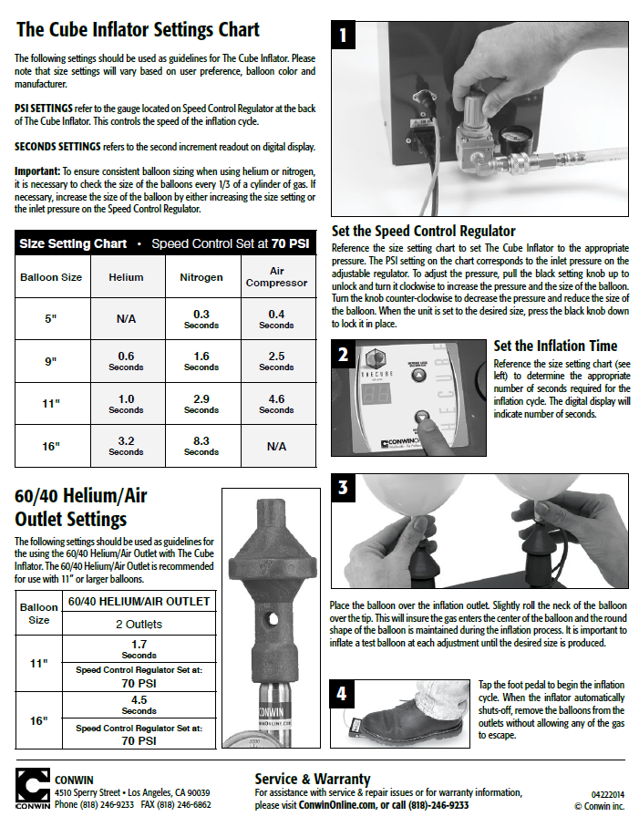 Instruction sheet for The Cube Inflator settings and usage