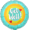 Anagram Get Well 17-inch round foil balloon featuring turquoise polka dots, yellow and orange circular accents, red hearts and white Get Well lettering.