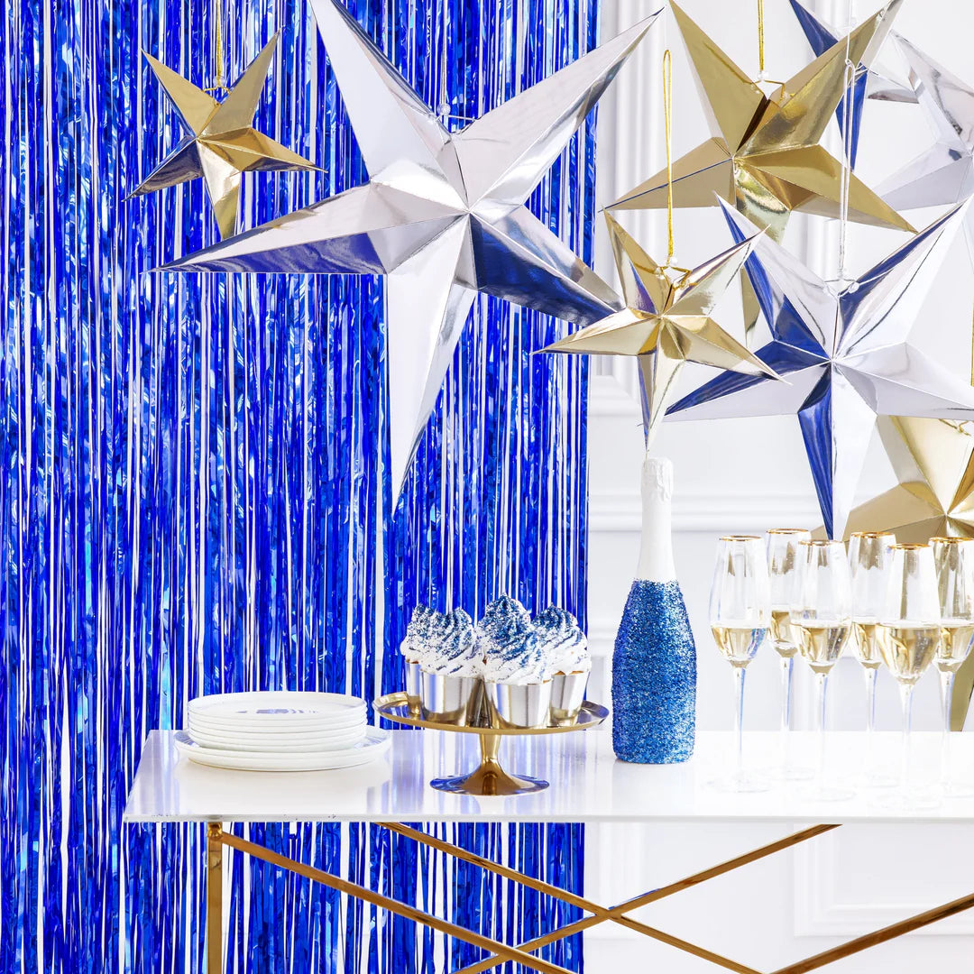“Shiny blue curtain for party decoration”