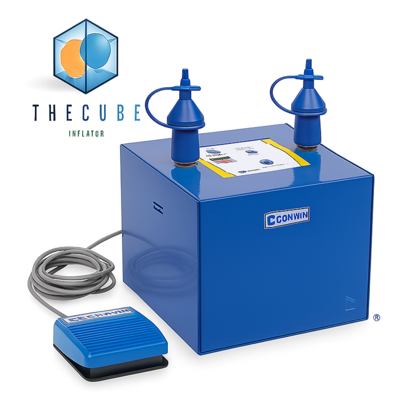 The Cube Balloon Inflator by Conwin with dual nozzles and foot pedal