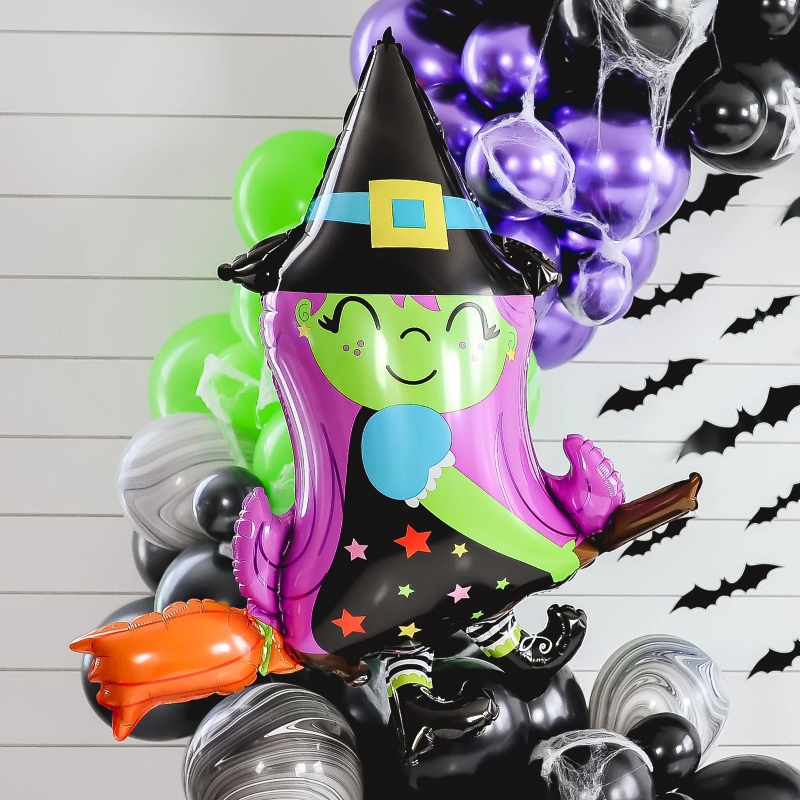 Cute witch on broom foil balloon – 34x38 in Halloween decoration