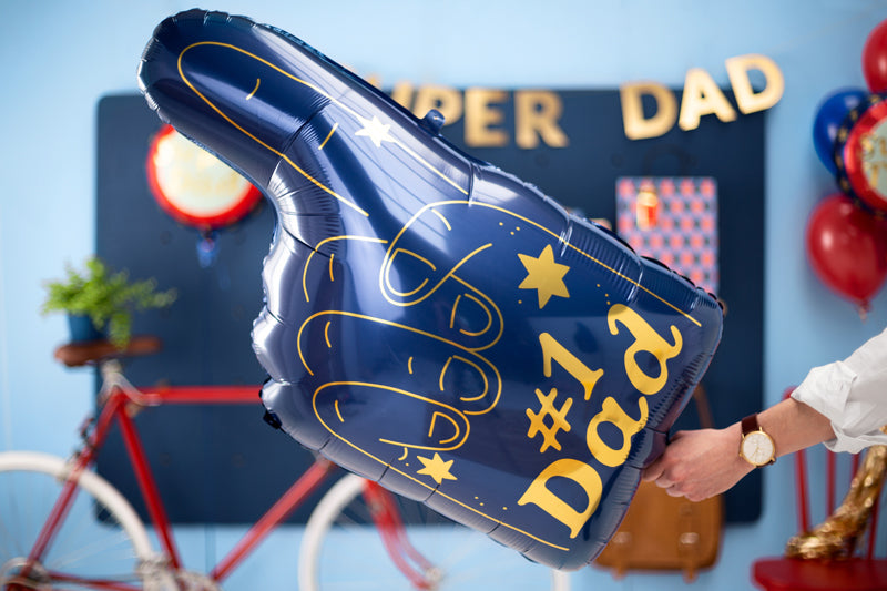 #1 Dad navy blue foil balloon with gold print – foam finger shape 18 x 34 inches