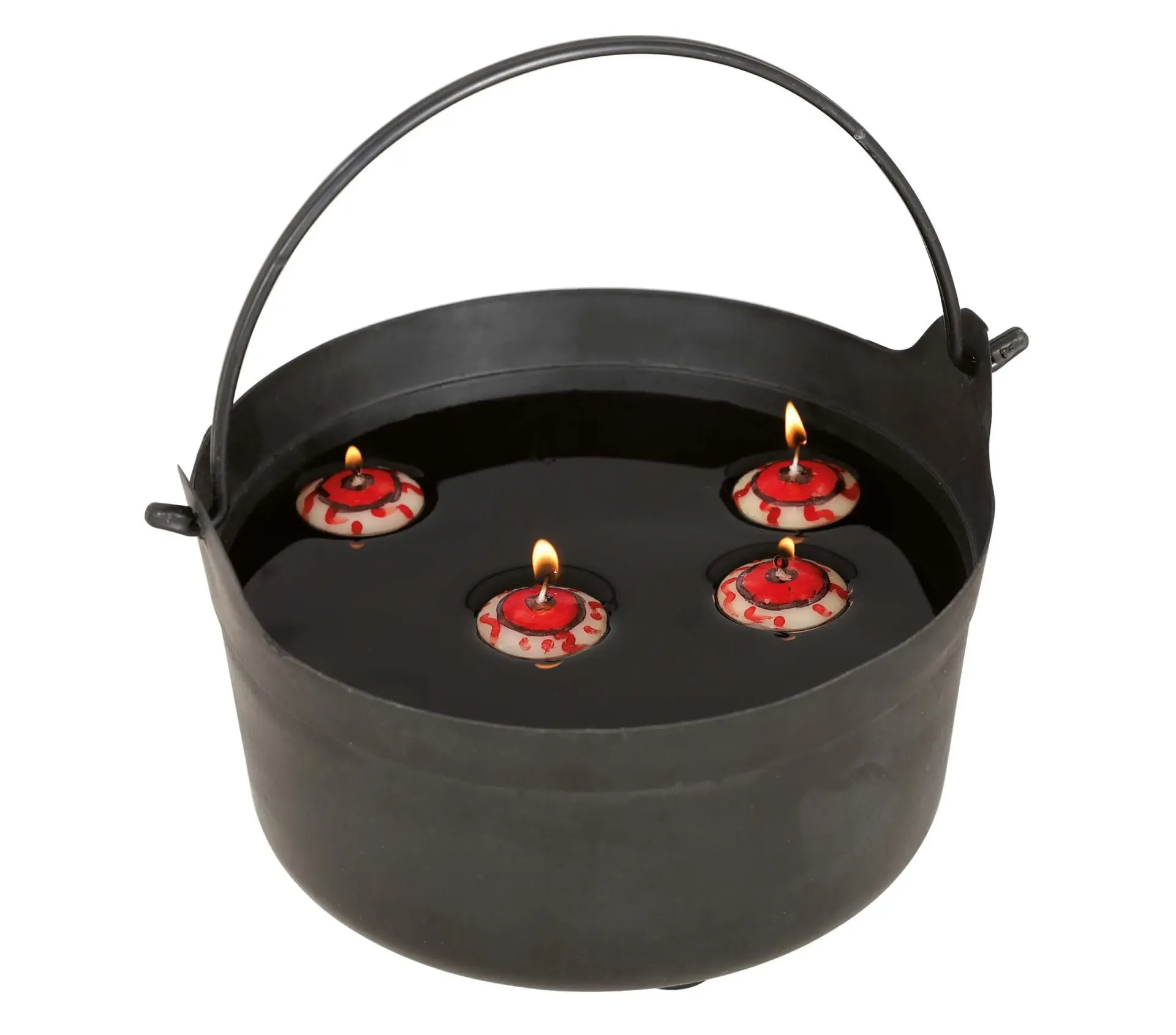 “Eyeball candles floating in water with glowing effect”