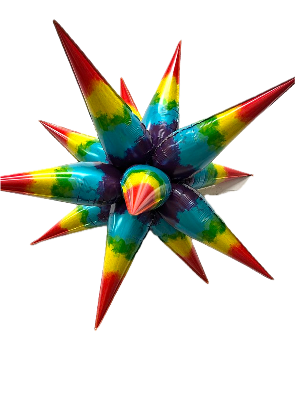 Burst Party & Co tie dye starburst balloon on white brick background
