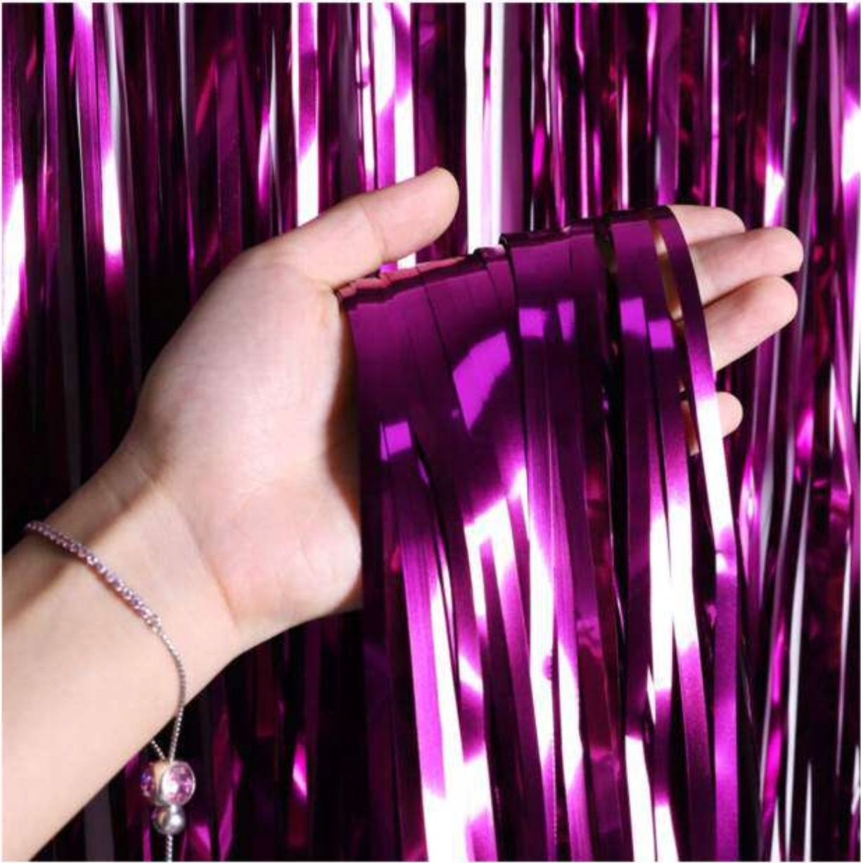 Metallic purple foil fringe curtain – party backdrop for Halloween or birthdays
