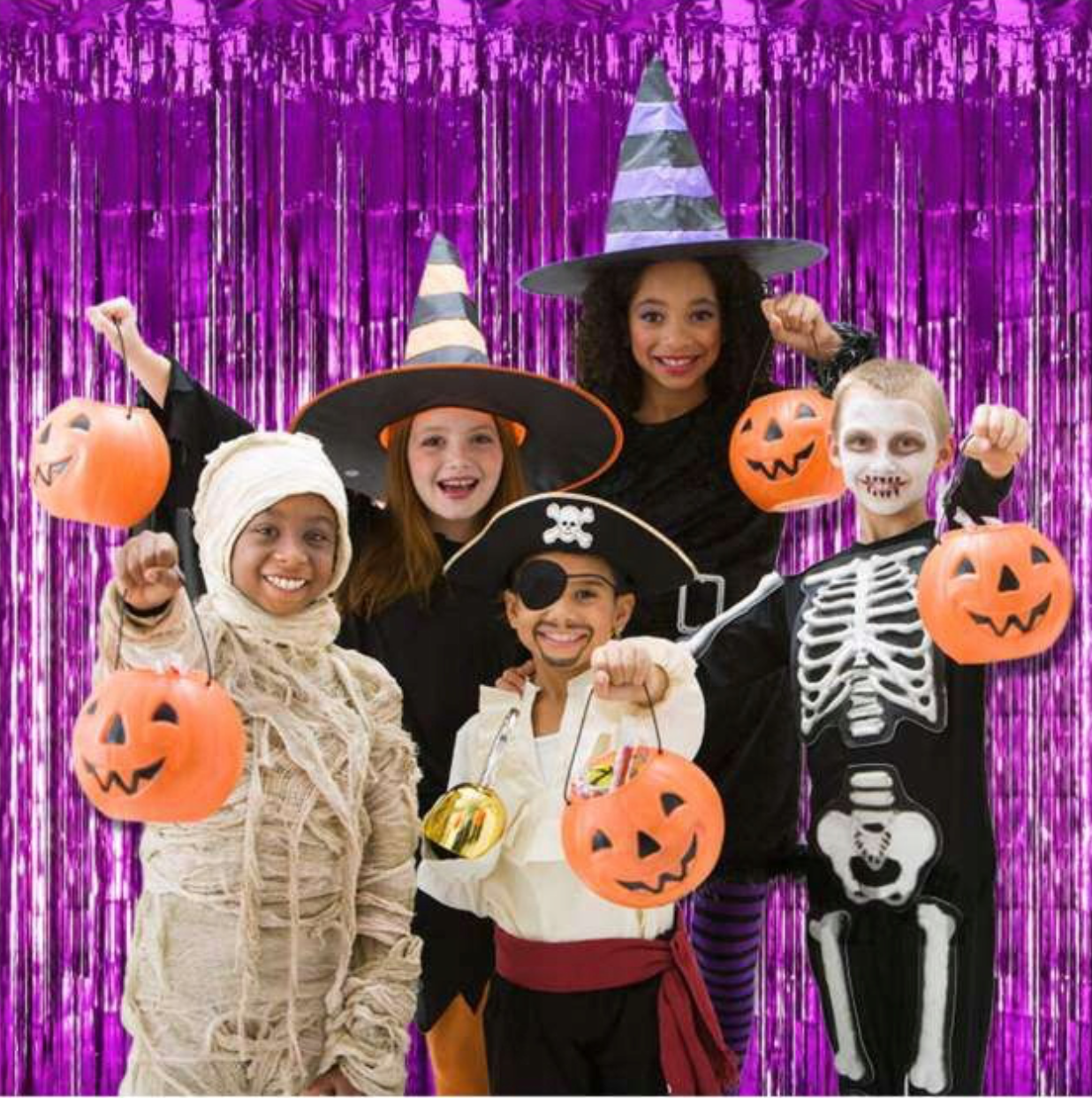 Metallic purple foil fringe curtain – party backdrop for Halloween or birthdays