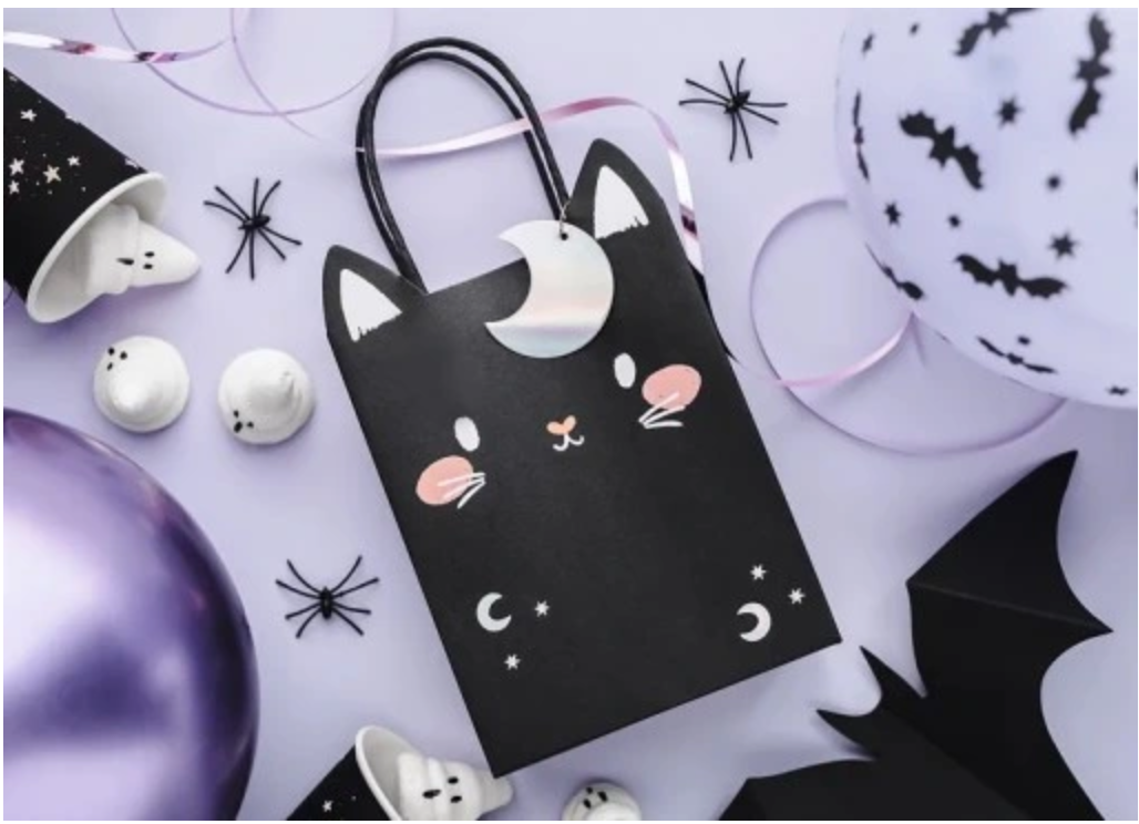 "Black cat gift bag with moon tag and colorful design"
