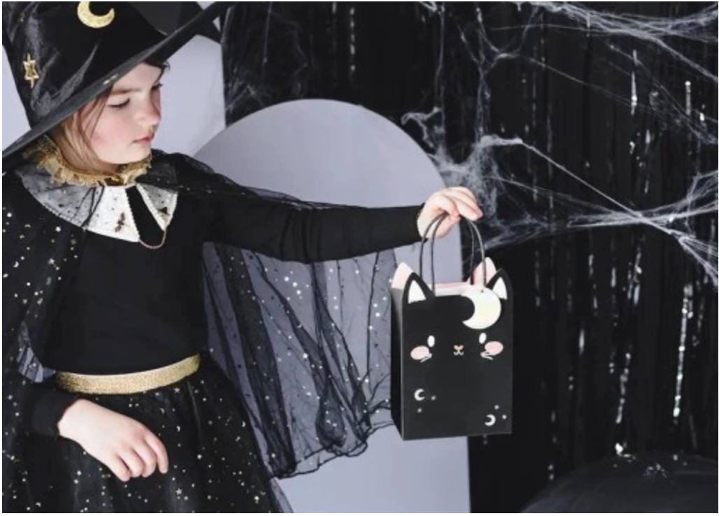 "Black cat gift bag with moon tag and colorful design"