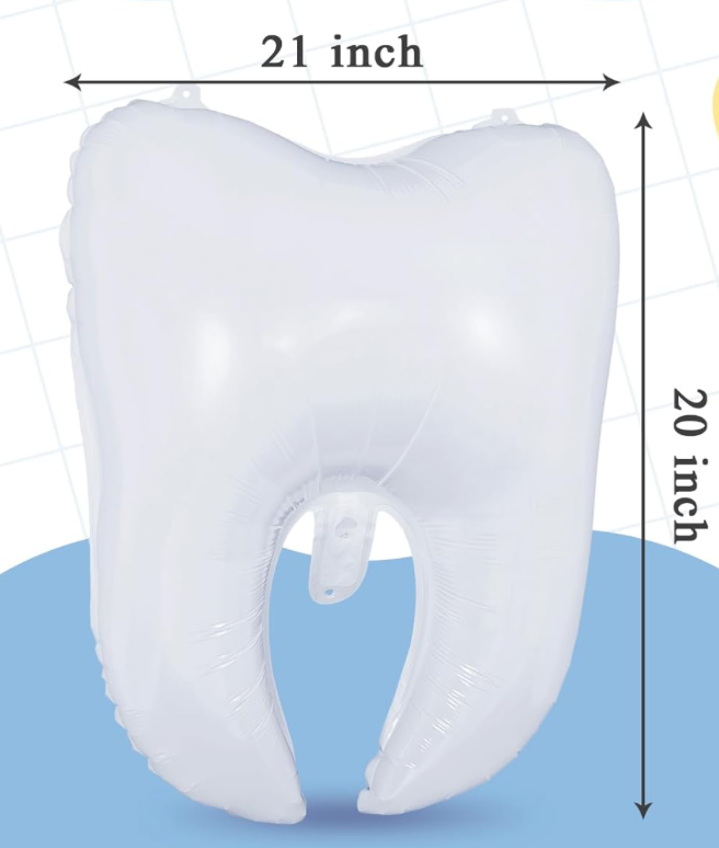 Close-up of glossy white tooth foil balloon