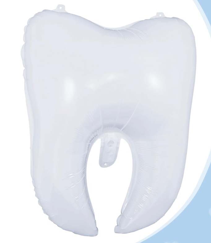 Close-up of glossy white tooth foil balloon