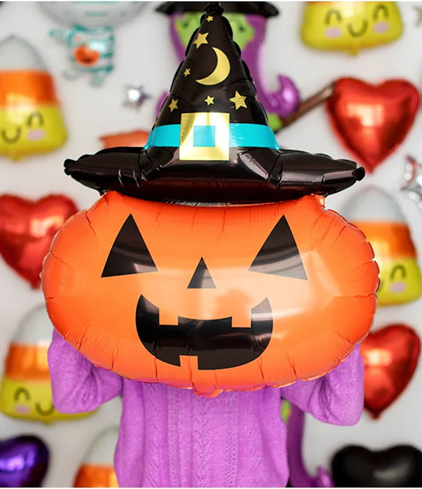 Witchy Pumpkin foil balloon 25x28 inches – jack-o’-lantern with witch hat, Halloween party decoration.