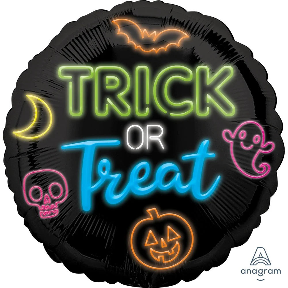 "Trick or Treat 17 inch round foil balloon with neon Halloween design"