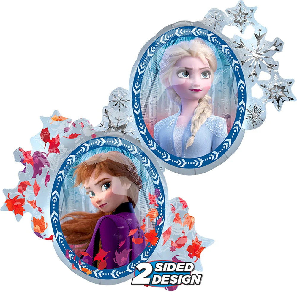 Double-sided Frozen balloon showing Elsa and Anna with snowflakes