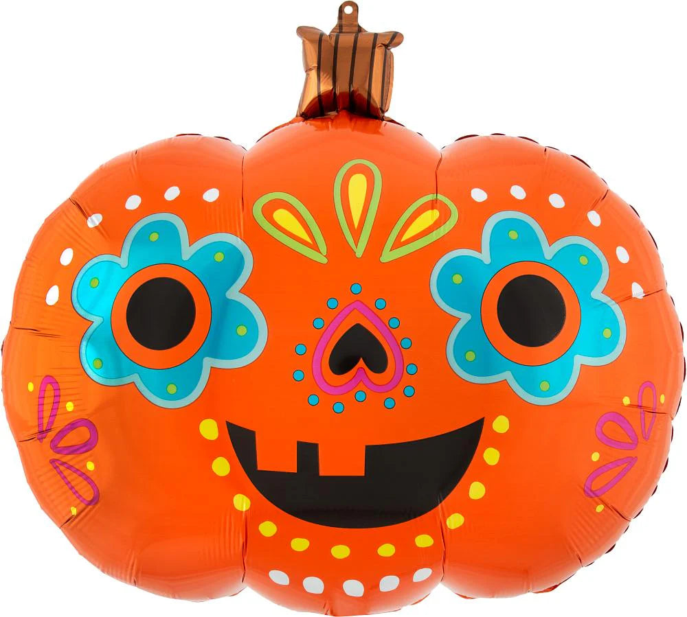 Day of the Dead pumpkin foil balloon – 24 in Halloween and Día de los Muertos decoration