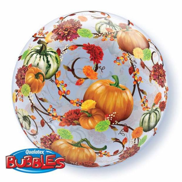 "Autumn floral and pumpkins bubble balloon 22 inch clear with fall design"
