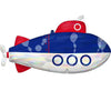 Anagram Iridescent Submarine 34-inch SuperShape foil balloon featuring a blue submarine with red fins, round porthole windows and holographic silver accents.
