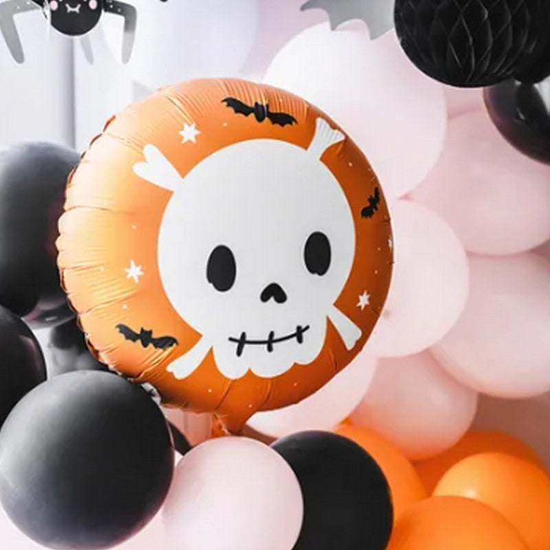 "Halloween party with black, orange, and skull balloon"