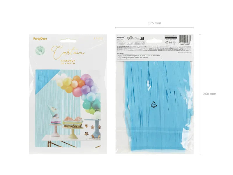 “Light sky-blue foil fringe party curtain in package”