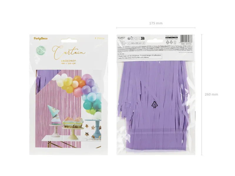 “Light violet foil fringe party curtain in package”