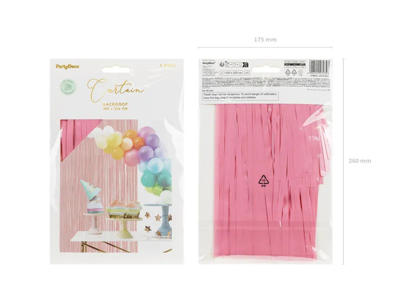 “Light pink foil fringe party curtain in package”